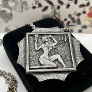 Luca Razza Virgo Zodiac Pewter Plaque 1970's Necklace